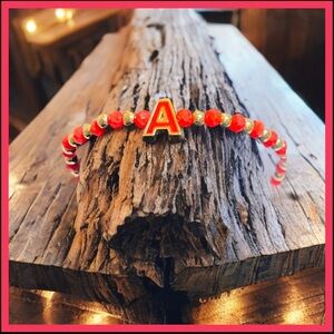 NEW Coral & Gold Beaded Bracelet with Initial ( A ) standing out